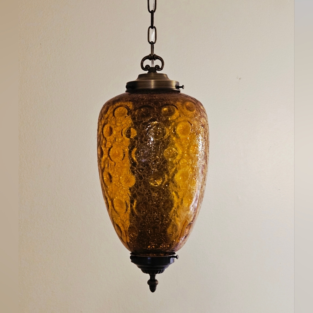Vintage AMBER Glass Hanging Light Swag Lamp Retro Diffuser Crackle Dots Circles